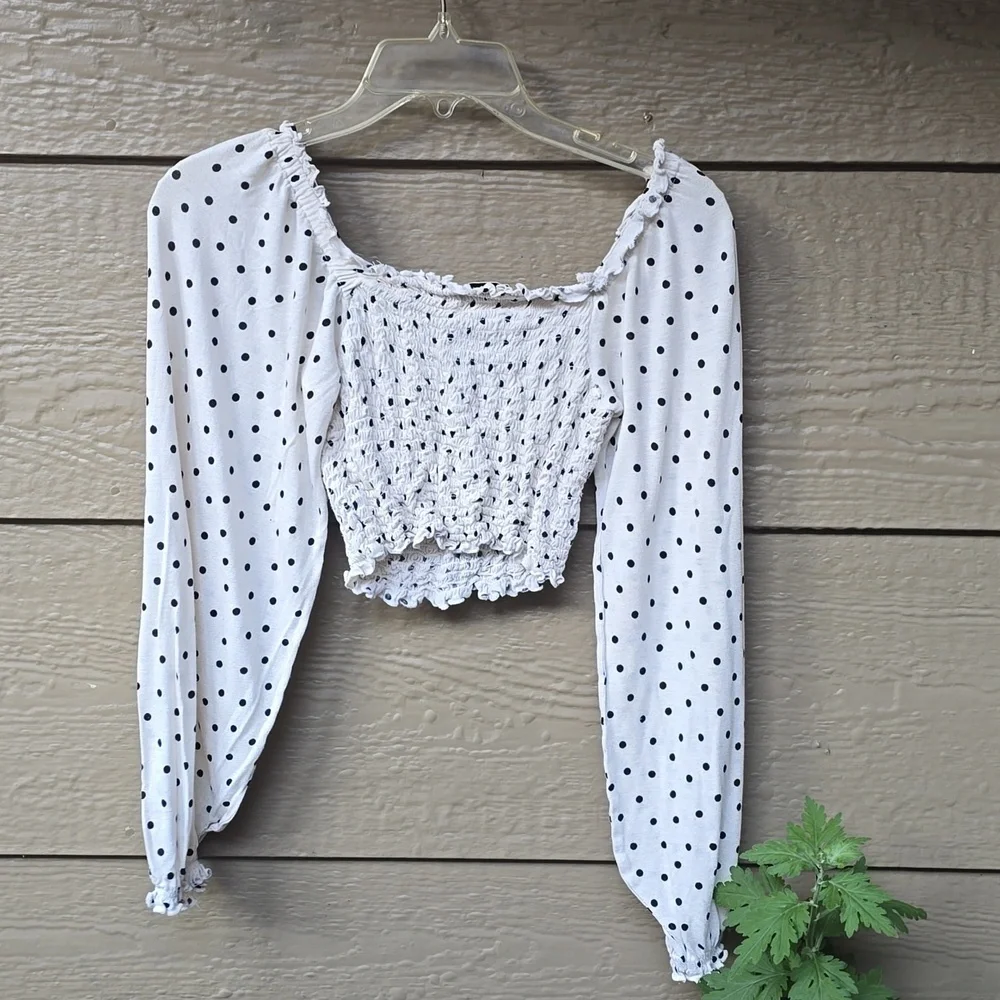 Urban Outfitters Super Soft Polka Dot Smoked Cropped Long Sleeve Top Small S - Picture 11 of 11